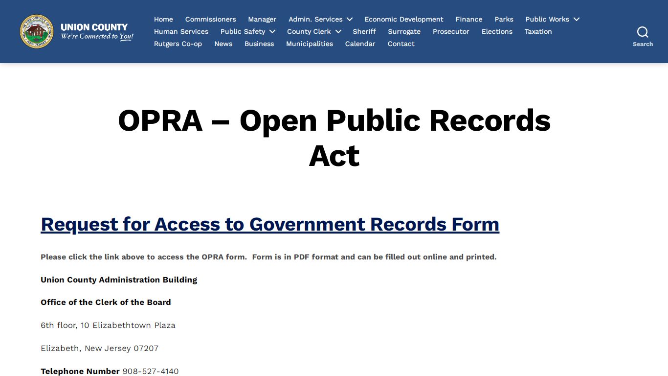 OPRA – Open Public Records Act – County of Union